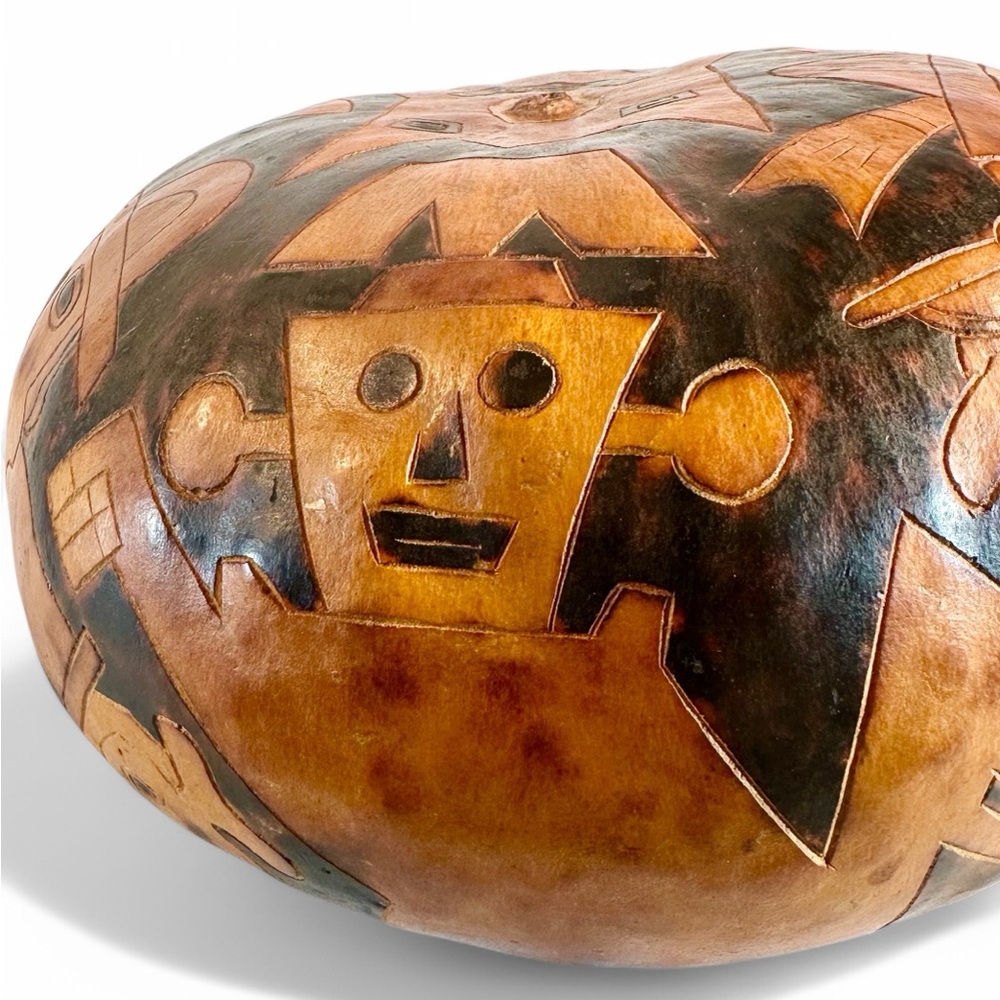 Peruvian Folk Art Hand Carved & Stained Storyteller Gourd Folk Art Rattle